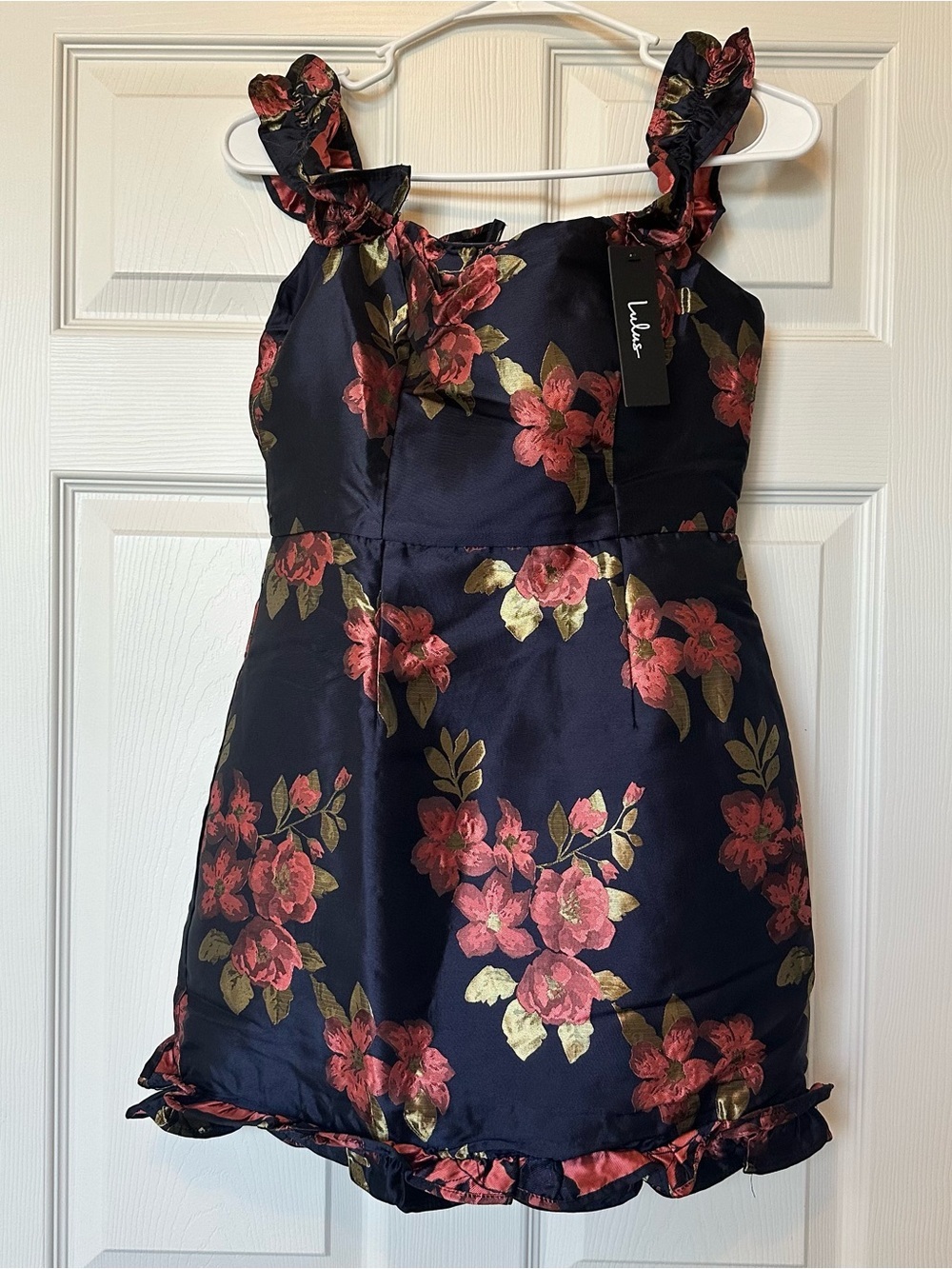 Lulus Navy Blue Floral Jacquard Off Shoulder Ruffle Mini Dress NWT Size S - Picture 4 of 10